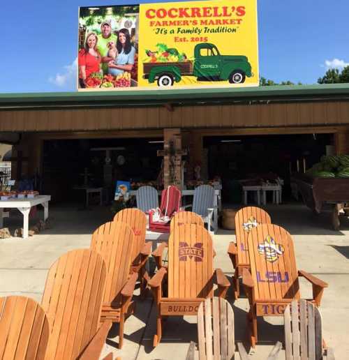 A farmer's market with colorful chairs, a vintage truck sign, and a welcoming atmosphere for families.