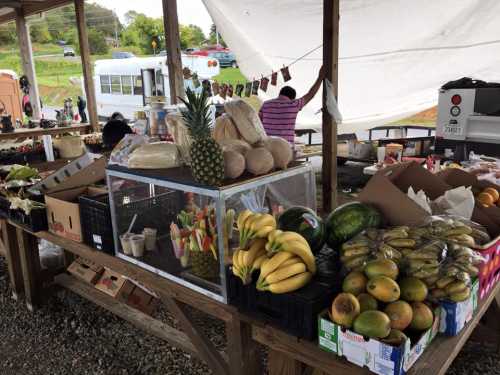 A market stall filled with various fruits, including bananas, pineapples, and watermelons, under a canopy.