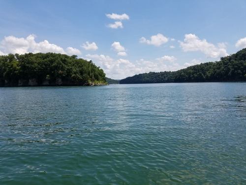 A serene lake surrounded by lush green hills under a bright blue sky with fluffy white clouds.