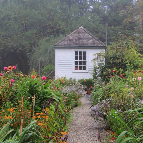 A quaint white cottage surrounded by a lush, colorful garden and a gravel path leading to the entrance.