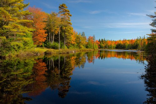 A serene lake surrounded by vibrant autumn foliage and clear blue skies, reflecting the colorful trees.
