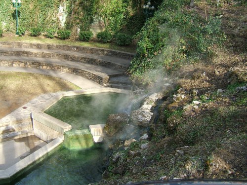 A serene outdoor area with a steaming hot spring, surrounded by greenery and stone seating.