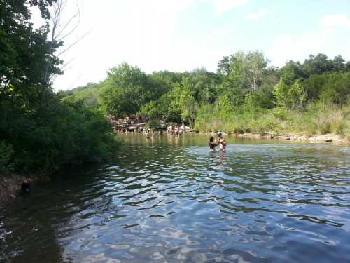 A serene river scene with people swimming and lush greenery surrounding the water under a clear blue sky.