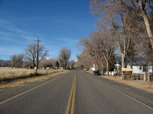 A quiet rural road lined with bare trees, leading to a small town under a clear blue sky.