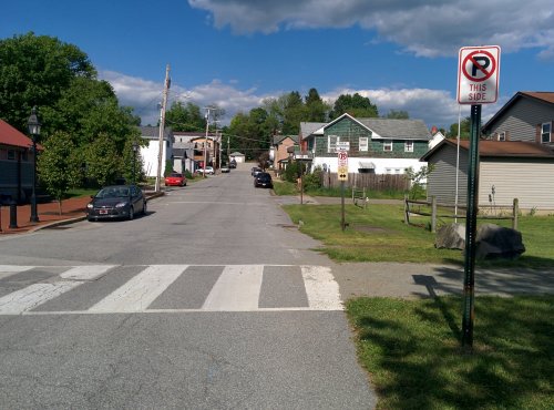 A quiet street with a no parking sign, lined with houses and trees under a partly cloudy sky.