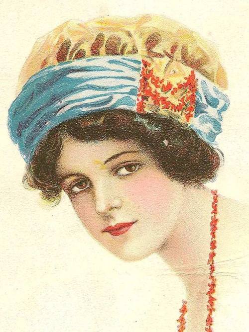Vintage illustration of a young woman with a colorful headscarf and a necklace, gazing softly to the side.