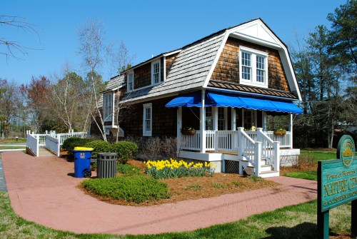 A charming two-story house with a shingled roof, blue awning, and flower beds, surrounded by greenery and a clear blue sky.