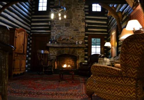 Cozy log cabin interior with a stone fireplace, wooden furniture, and warm lighting, creating a rustic atmosphere.