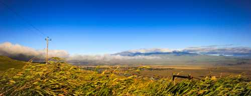 A panoramic view of a grassy landscape under a clear blue sky, with distant mountains and a power line in the foreground.