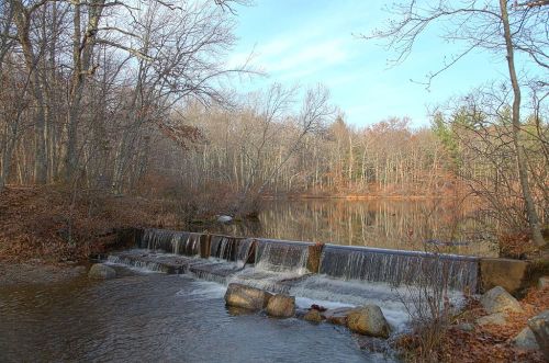 A serene landscape featuring a small waterfall flowing over a stone dam, surrounded by trees and a calm lake.