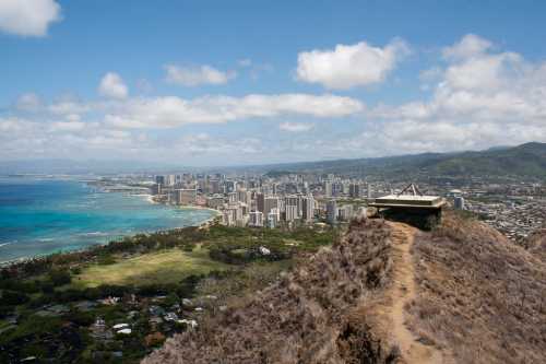 A panoramic view of a city skyline along the coast, with mountains and ocean in the background under a partly cloudy sky.