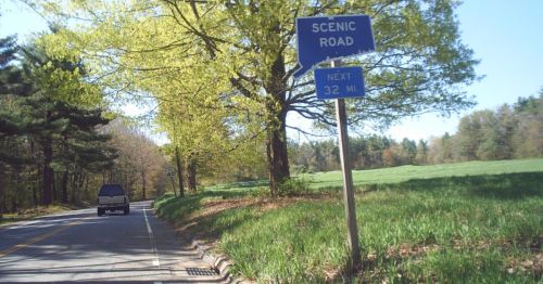 A scenic road sign next to a tree-lined road, with a grassy field in the background.