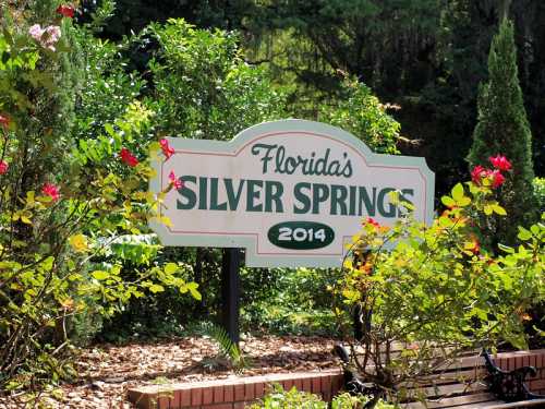 Sign for Florida's Silver Springs, surrounded by greenery and flowers, with the year 2014 displayed.