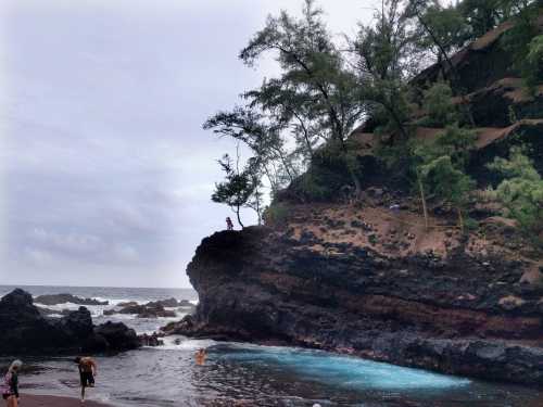 A rocky beach scene with people swimming and climbing, surrounded by trees and waves under a cloudy sky.