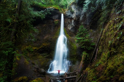 A person stands in front of a tall waterfall surrounded by lush greenery and moss-covered rocks.