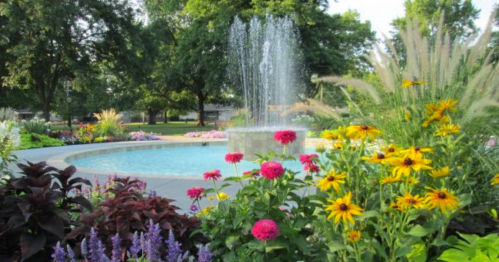 A vibrant garden with colorful flowers surrounding a fountain, set in a lush green park.