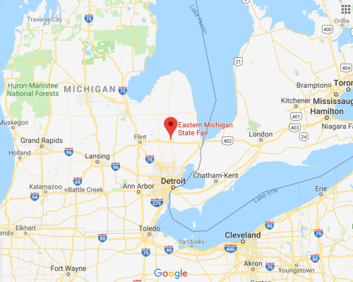 Map of Michigan highlighting the location of the Eastern Michigan State Fair near Detroit.