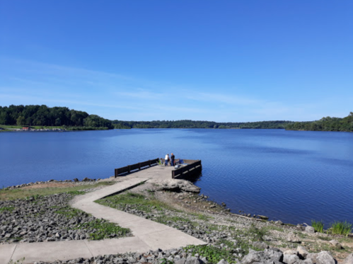 A serene lake view with a wooden dock, surrounded by greenery and a clear blue sky. Two people are near the water.