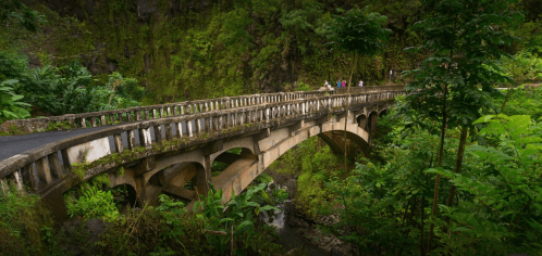 A scenic view of a stone bridge surrounded by lush greenery and trees, with people walking along the path.