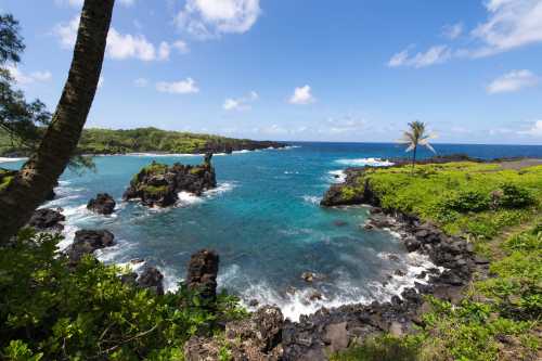 A scenic coastal view featuring turquoise waters, rocky shores, and lush greenery under a clear blue sky.