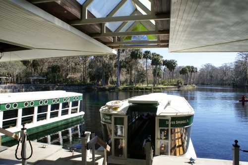 A boat docked at a serene river with lush greenery and palm trees in the background, under a modern building structure.