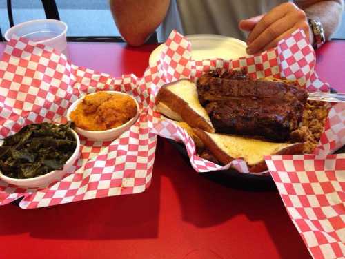 A plate of barbecue ribs with sides of collard greens, cornbread, and slices of bread, served in a red-checkered basket.