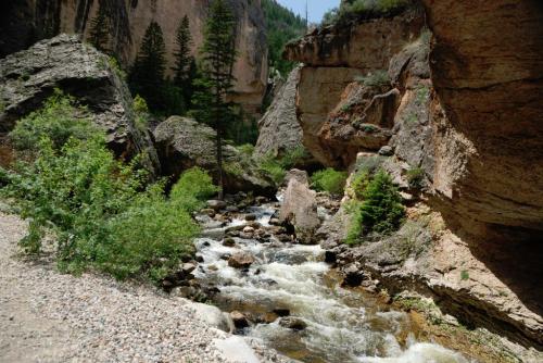 A winding river flows through a rocky canyon, surrounded by lush greenery and tall pine trees.