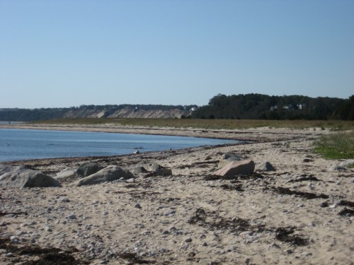A sandy beach with scattered rocks, gentle waves, and a distant view of cliffs and greenery under a clear blue sky.