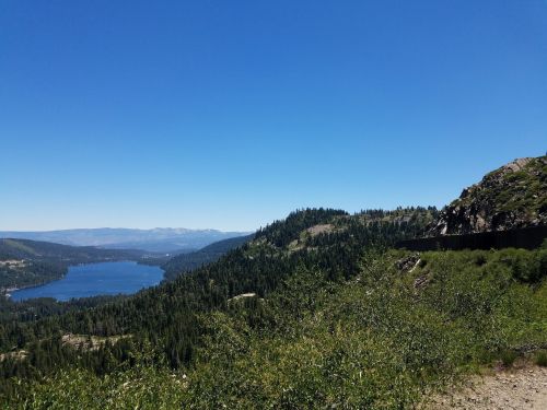 A scenic view of a lake surrounded by lush green forests and mountains under a clear blue sky.