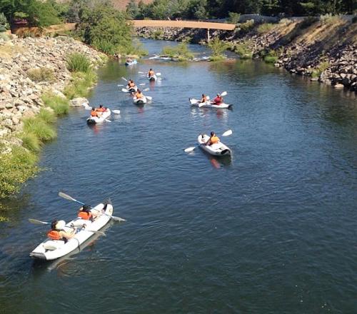 A group of people in orange life jackets kayaking on a calm river surrounded by greenery and rocky banks.