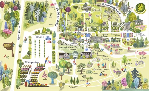 Illustrated map of a botanical garden, featuring paths, gardens, a visitor center, and labeled areas for exploration.