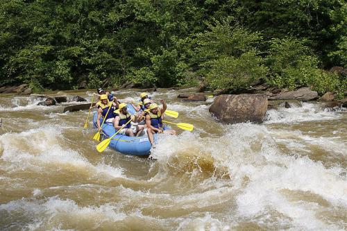 A group of people in a blue raft navigating through turbulent river rapids surrounded by lush greenery.