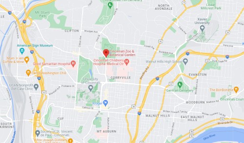 Map showing the Cincinnati Zoo & Botanical Garden and surrounding areas, including hospitals and neighborhoods.