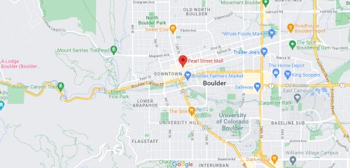 Map of Boulder, Colorado, highlighting Pearl Street Mall and nearby landmarks, including parks and shopping areas.