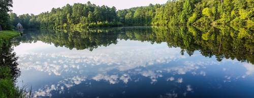 A serene lake surrounded by lush greenery, reflecting trees and clouds in calm water under a clear sky.