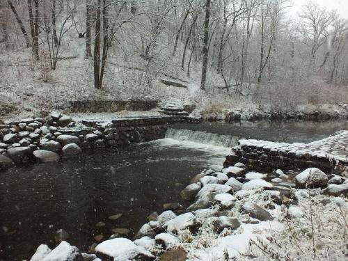 A snowy landscape featuring a river with a small waterfall and rocky banks, surrounded by trees.