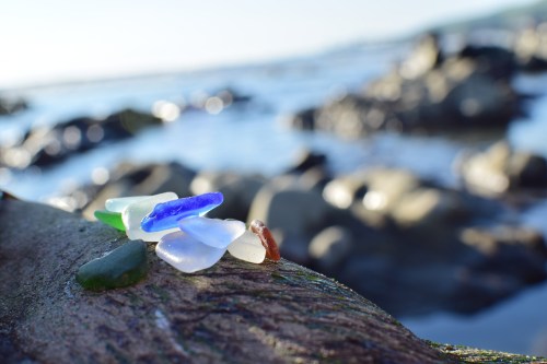 A collection of colorful sea glass pieces resting on a rock by the shore, with a blurred ocean background.