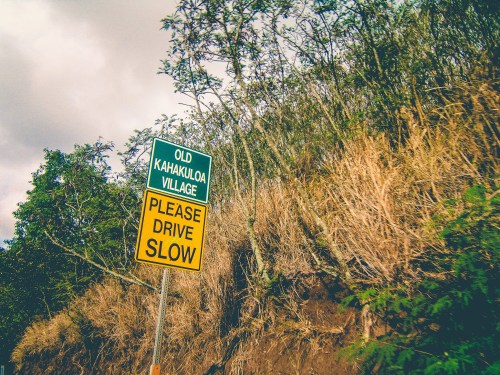 Sign for Old Kahakuloa Village with a warning to "Please Drive Slow," surrounded by greenery and dry grass.