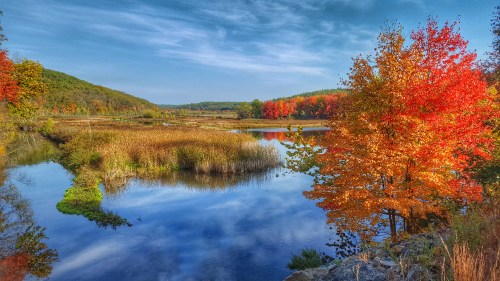 A serene landscape featuring a calm river, vibrant autumn foliage, and a clear blue sky reflecting on the water.