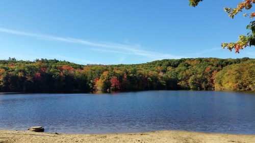 A serene lake surrounded by vibrant autumn foliage under a clear blue sky.