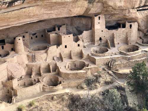 Ancient cliff dwellings nestled under a rock overhang, showcasing circular and rectangular structures in a desert landscape.