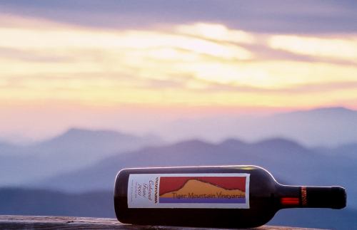 A bottle of wine rests on a wooden surface with a sunset and mountains in the background.