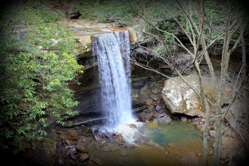 A serene waterfall cascades over rocks into a tranquil pool, surrounded by lush greenery and trees.