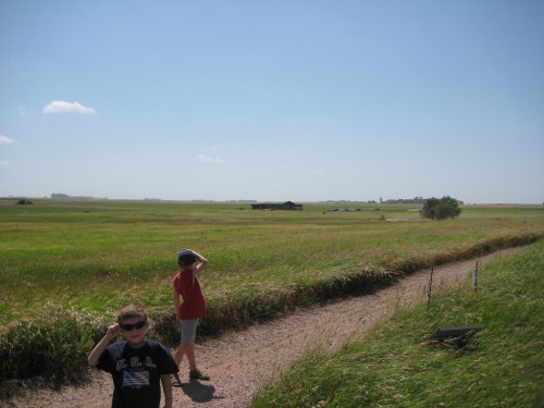 Two children stand on a dirt path in a grassy field, looking towards a distant barn under a clear blue sky.