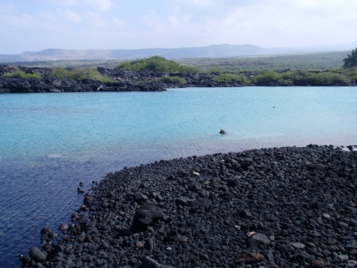 A serene turquoise lagoon surrounded by black volcanic rocks and distant green hills under a clear sky.