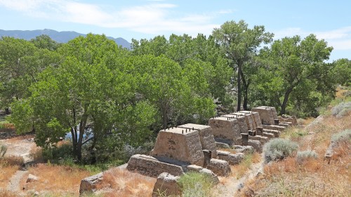 Ruins of stone structures surrounded by green trees and dry grass, with mountains in the background under a clear sky.