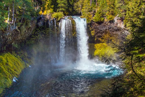 A serene waterfall cascades into a clear pool, surrounded by lush greenery and mist in a tranquil forest setting.