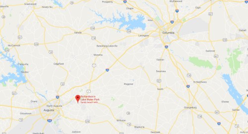 Map showing the location of Lake Water Park near Augusta, Georgia, with surrounding highways and towns.