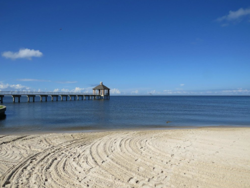 A serene beach scene with a wooden pier extending into calm waters under a clear blue sky.