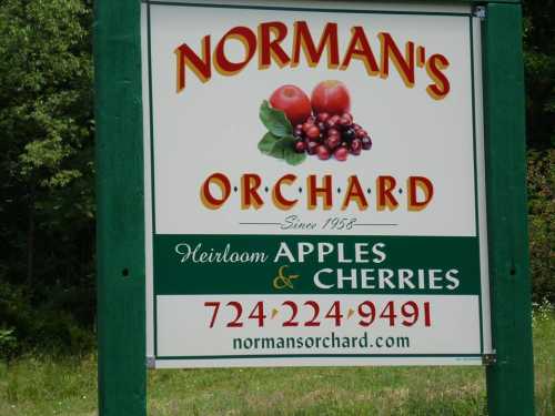 Sign for Norman's Orchard, established in 1958, featuring heirloom apples and cherries. Contact: 724-224-9491.